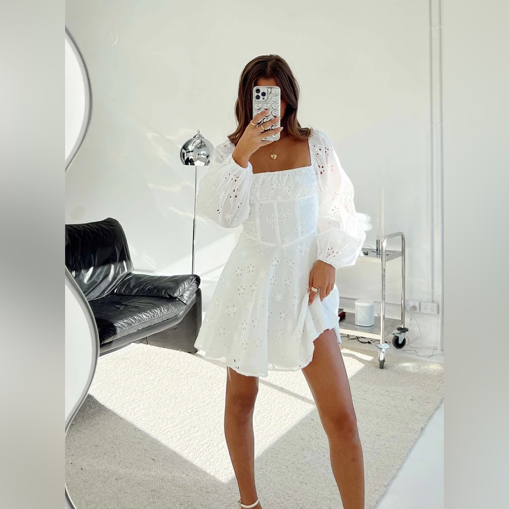 White Embroidered Long Sleeve Mini Dress